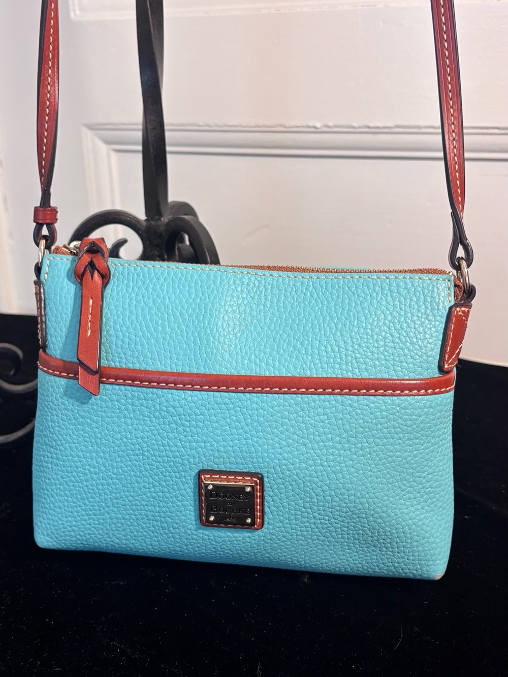Dooney & Bourke Aqua Pebbled Leather Crossbody with Tan Trim - Picture 3 of 11